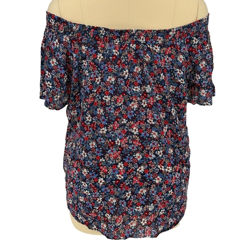 Liz Claiborne Off The Shoulder Top Blue Floral 100% Rayon XXL - Picture 2 of 7